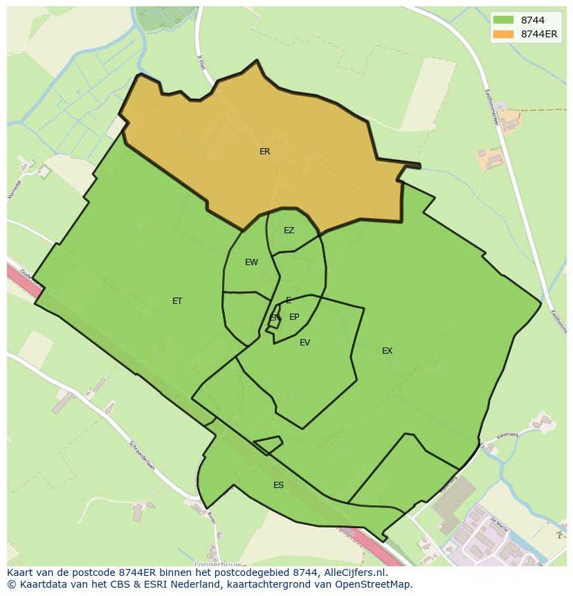 Afbeelding van het postcodegebied 8744 ER op de kaart.