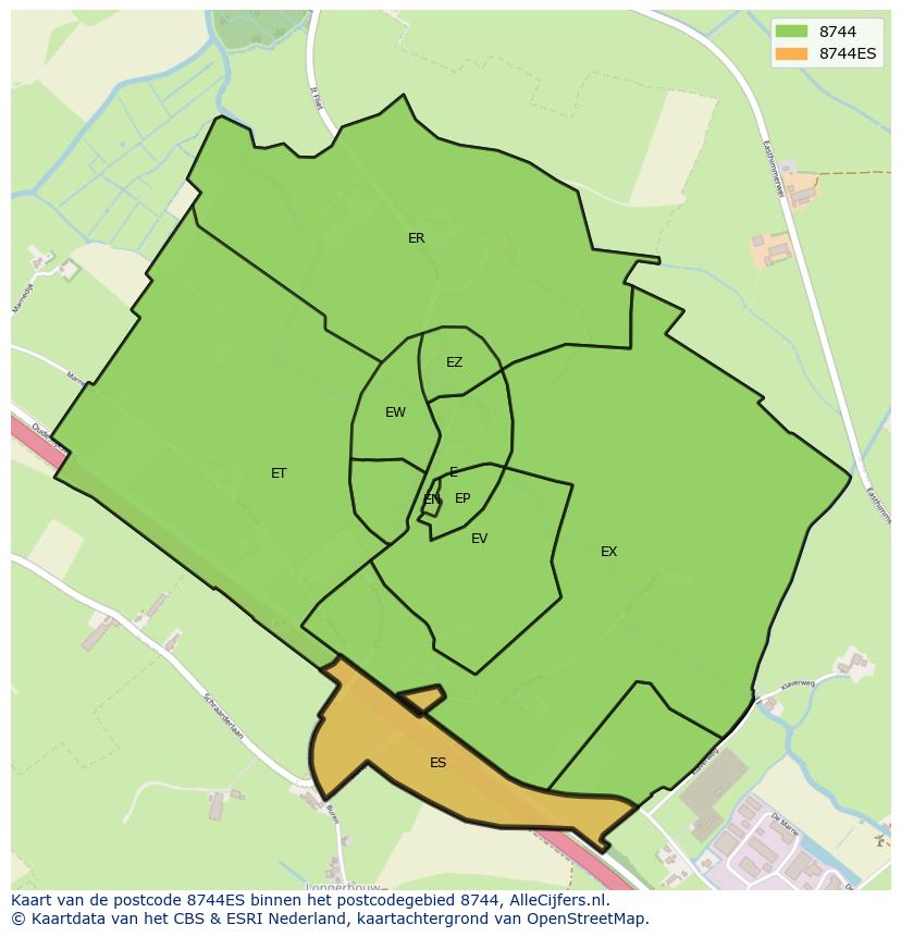 Afbeelding van het postcodegebied 8744 ES op de kaart.