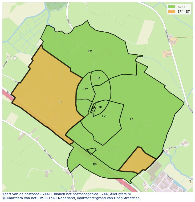 Afbeelding van het postcodegebied 8744 ET op de kaart.