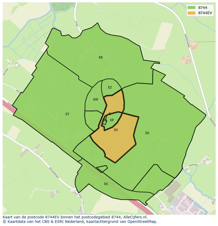 Afbeelding van het postcodegebied 8744 EV op de kaart.