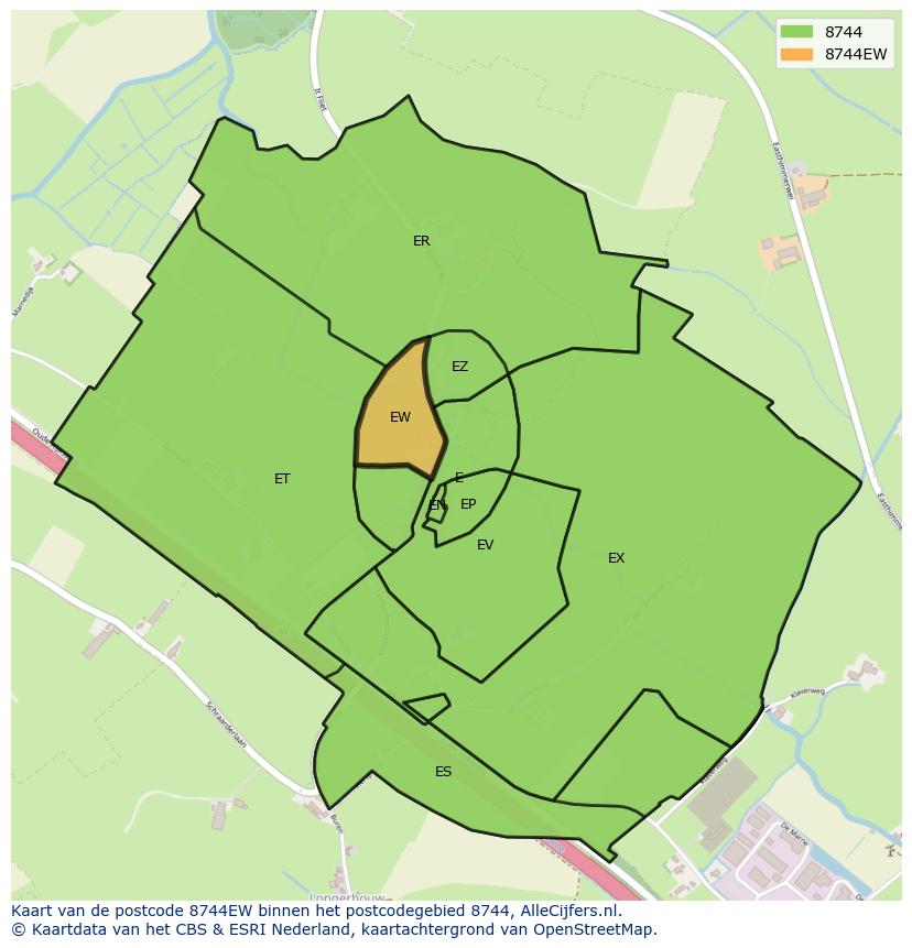 Afbeelding van het postcodegebied 8744 EW op de kaart.