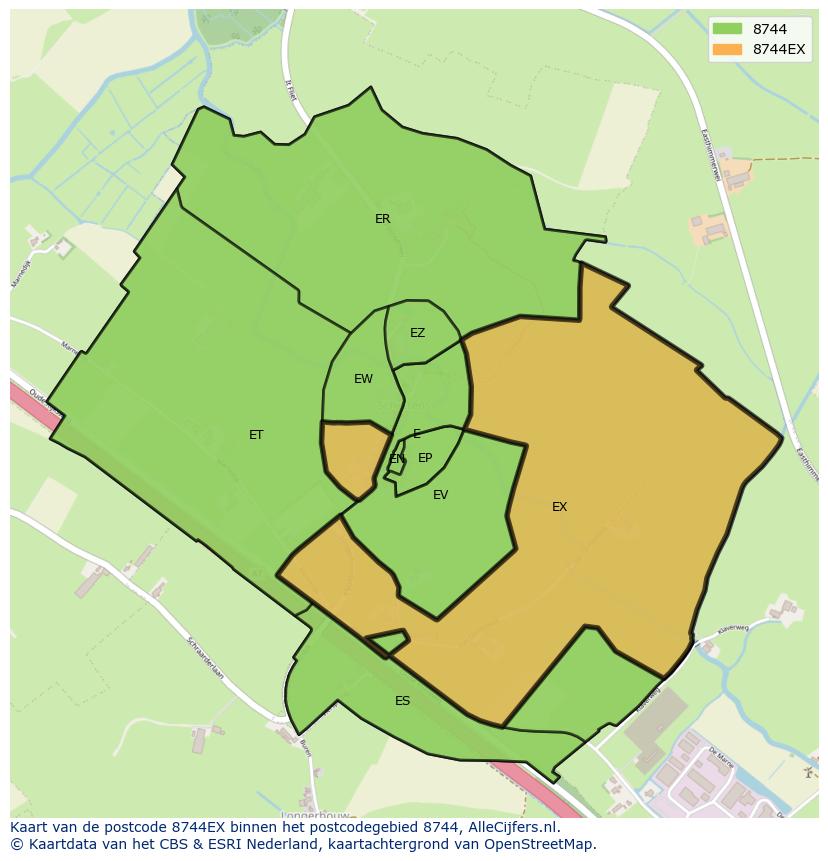 Afbeelding van het postcodegebied 8744 EX op de kaart.