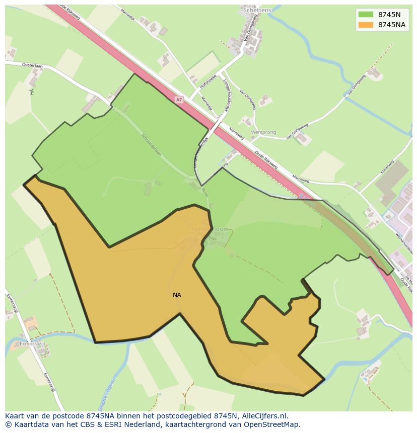 Afbeelding van het postcodegebied 8745 NA op de kaart.