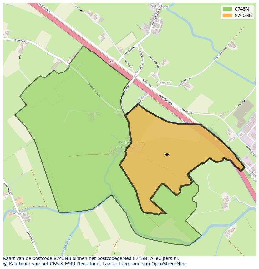Afbeelding van het postcodegebied 8745 NB op de kaart.