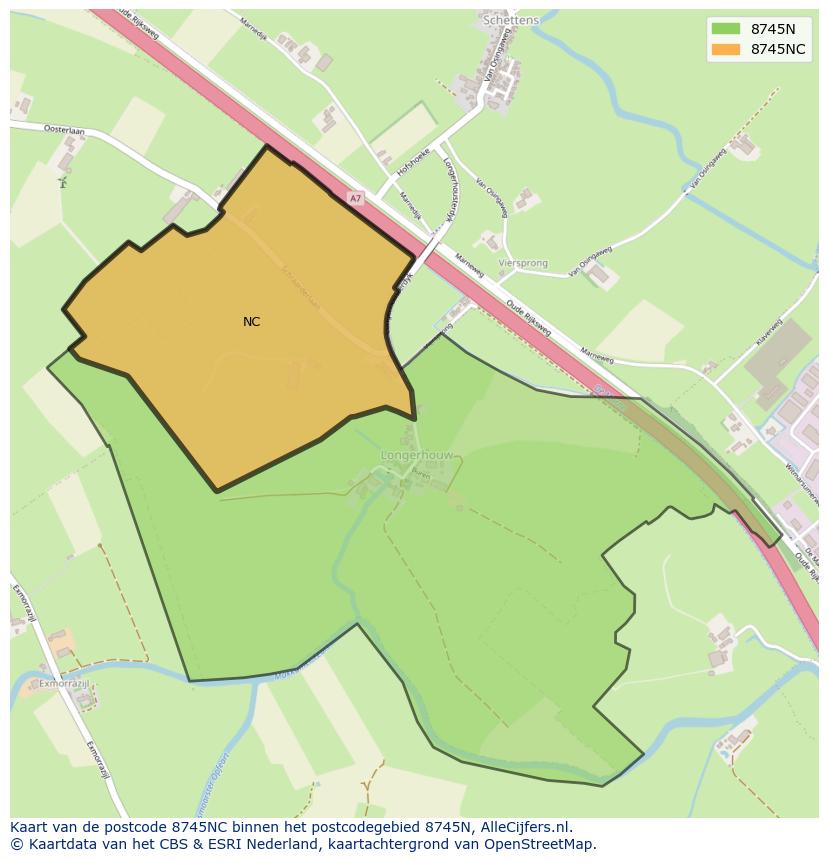 Afbeelding van het postcodegebied 8745 NC op de kaart.