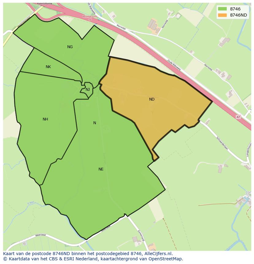Afbeelding van het postcodegebied 8746 ND op de kaart.