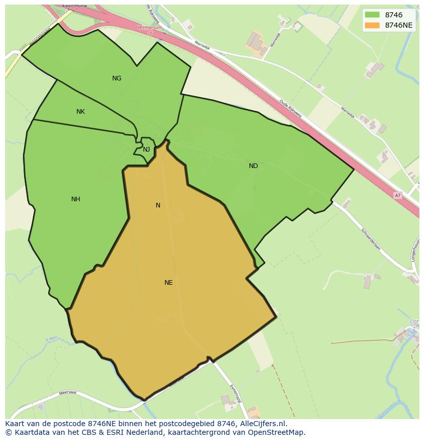 Afbeelding van het postcodegebied 8746 NE op de kaart.