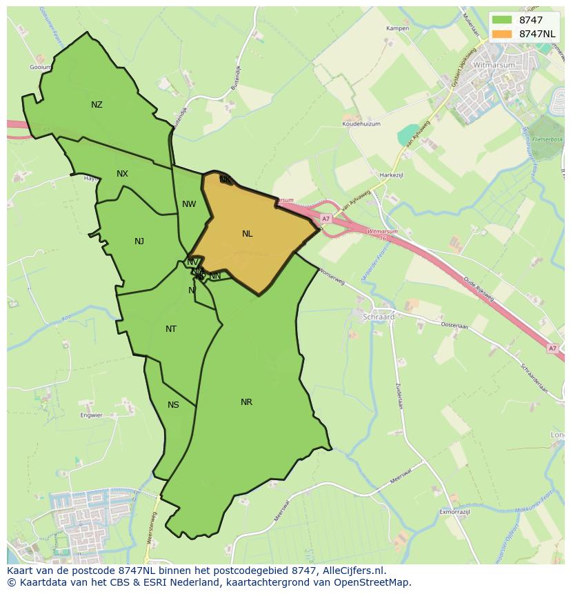 Afbeelding van het postcodegebied 8747 NL op de kaart.