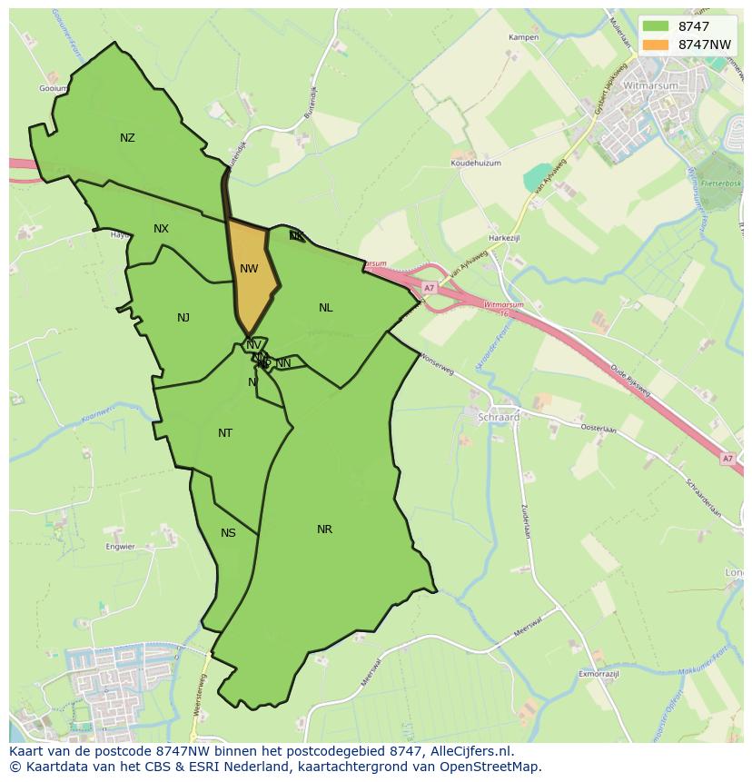 Afbeelding van het postcodegebied 8747 NW op de kaart.