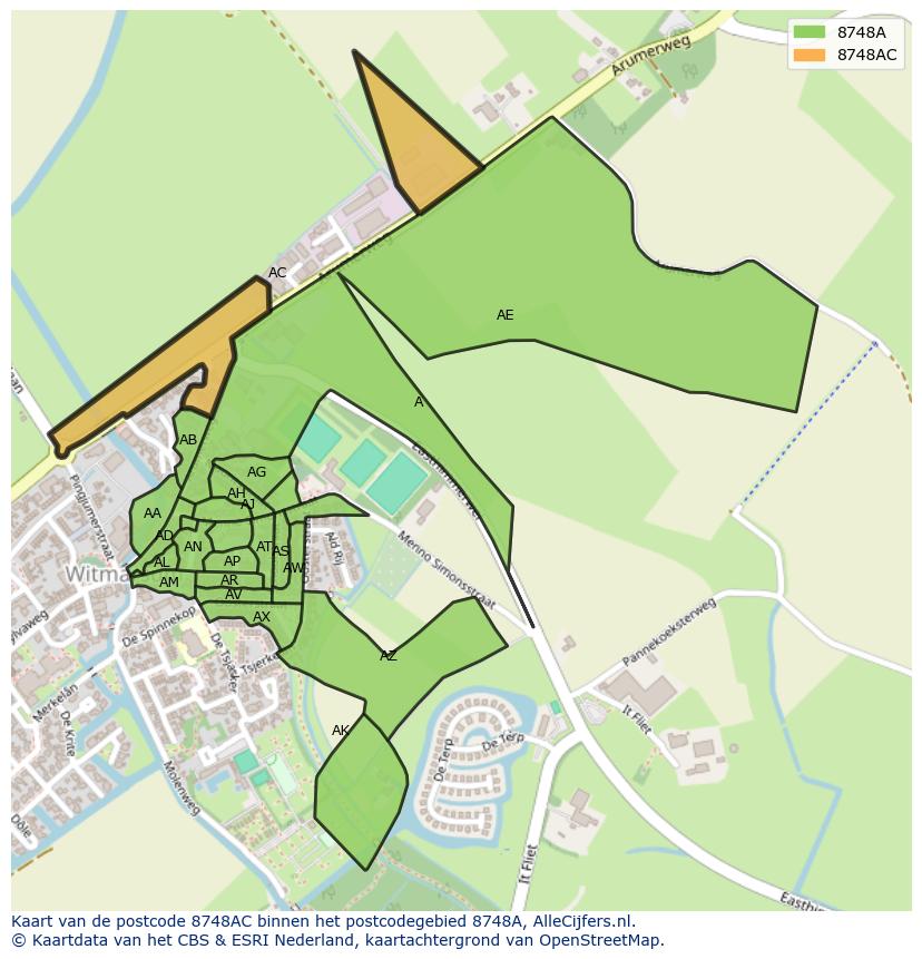 Afbeelding van het postcodegebied 8748 AC op de kaart.