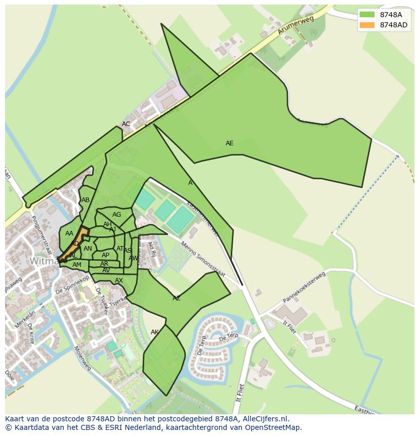 Afbeelding van het postcodegebied 8748 AD op de kaart.