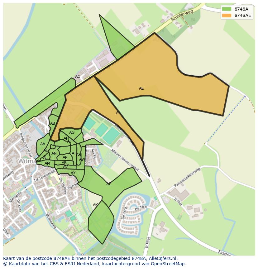 Afbeelding van het postcodegebied 8748 AE op de kaart.