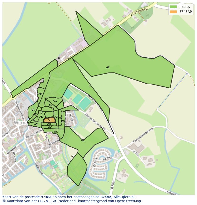 Afbeelding van het postcodegebied 8748 AP op de kaart.