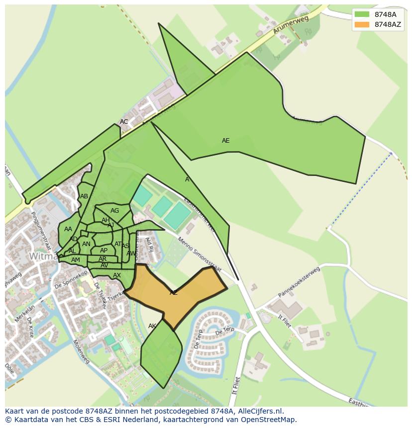 Afbeelding van het postcodegebied 8748 AZ op de kaart.