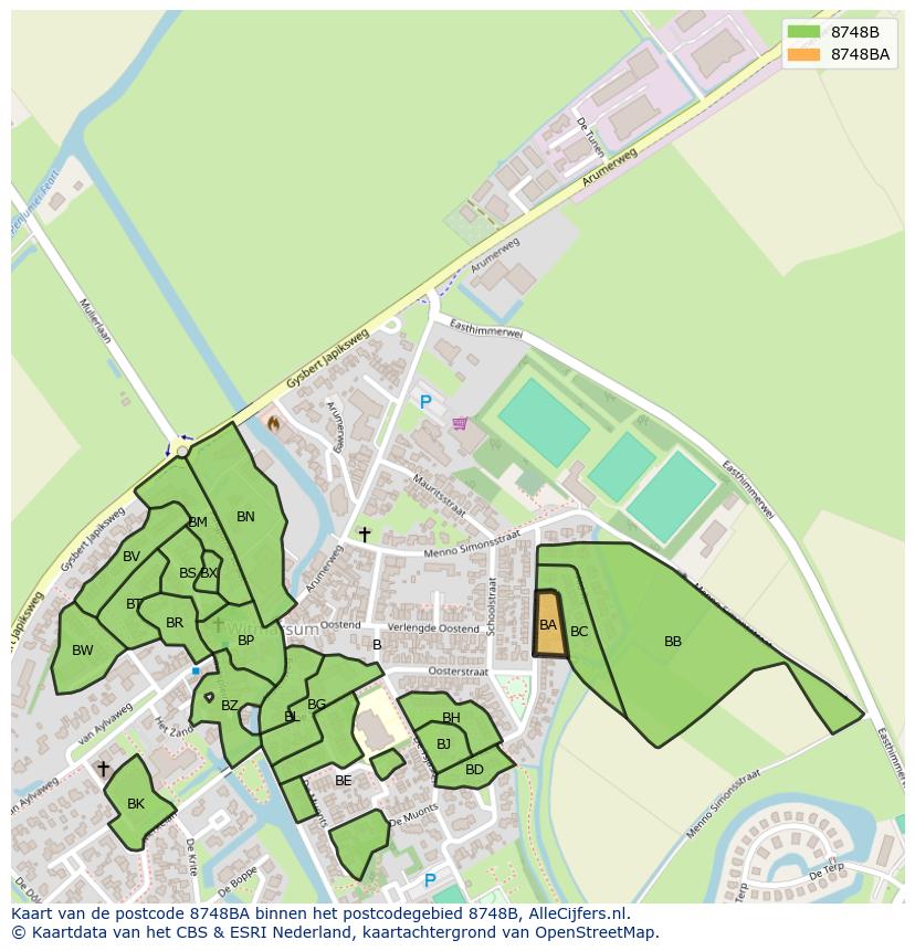 Afbeelding van het postcodegebied 8748 BA op de kaart.