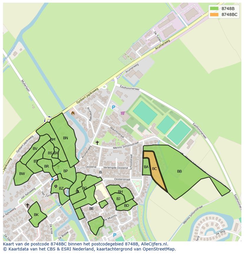 Afbeelding van het postcodegebied 8748 BC op de kaart.