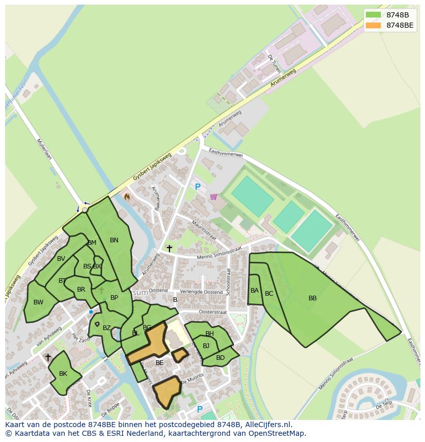 Afbeelding van het postcodegebied 8748 BE op de kaart.