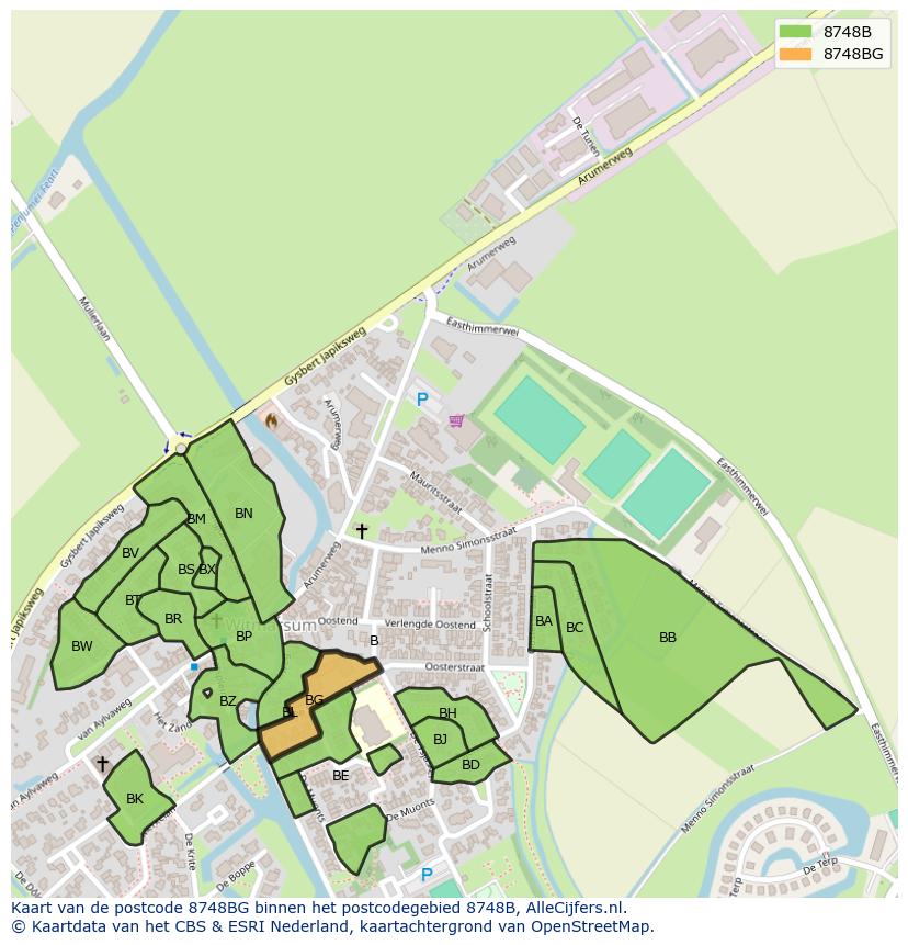 Afbeelding van het postcodegebied 8748 BG op de kaart.