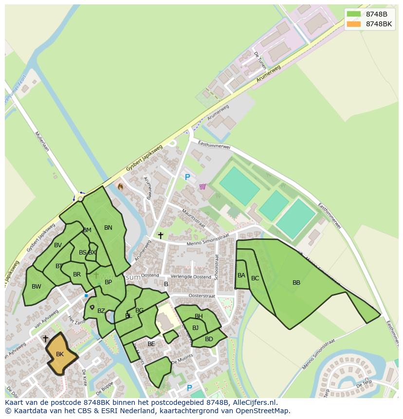 Afbeelding van het postcodegebied 8748 BK op de kaart.