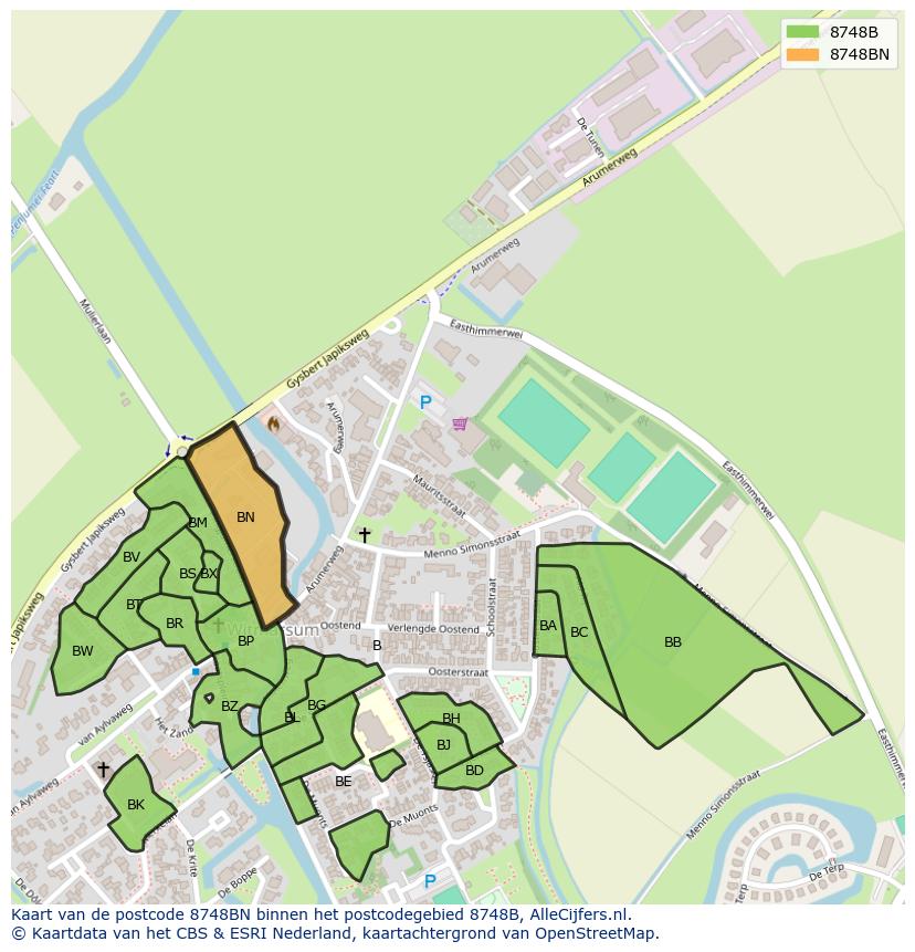 Afbeelding van het postcodegebied 8748 BN op de kaart.