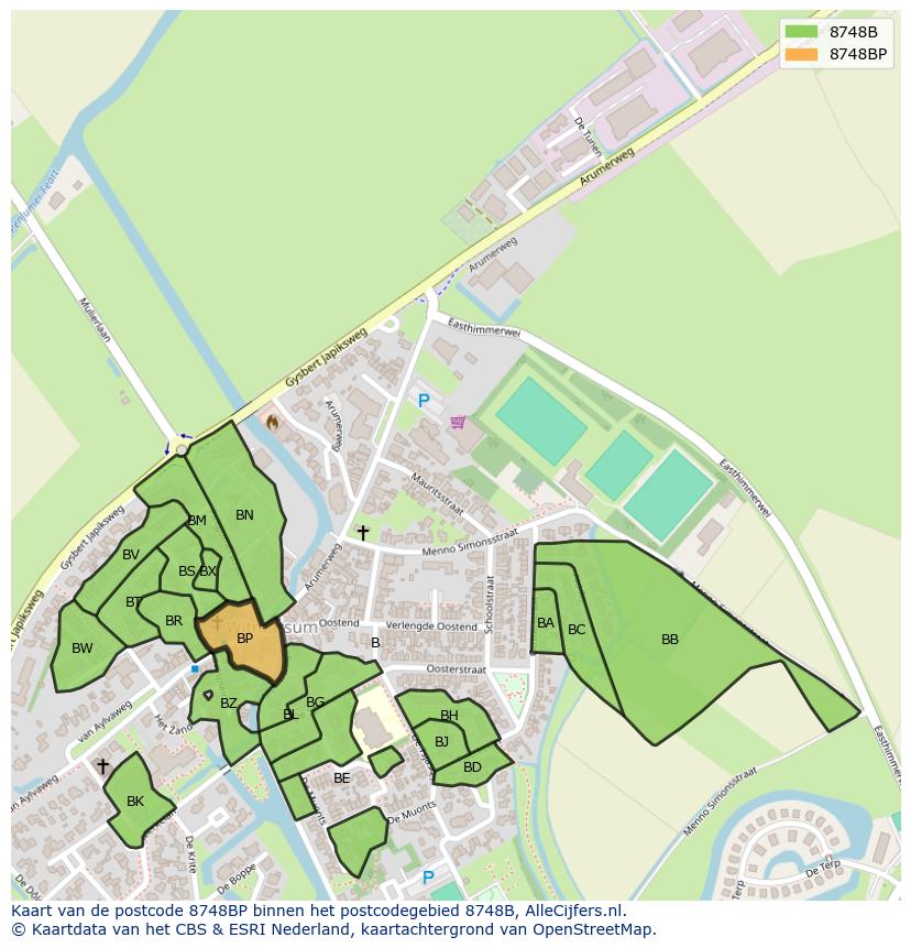 Afbeelding van het postcodegebied 8748 BP op de kaart.