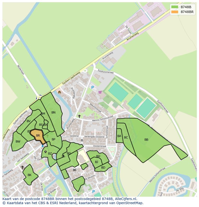 Afbeelding van het postcodegebied 8748 BR op de kaart.