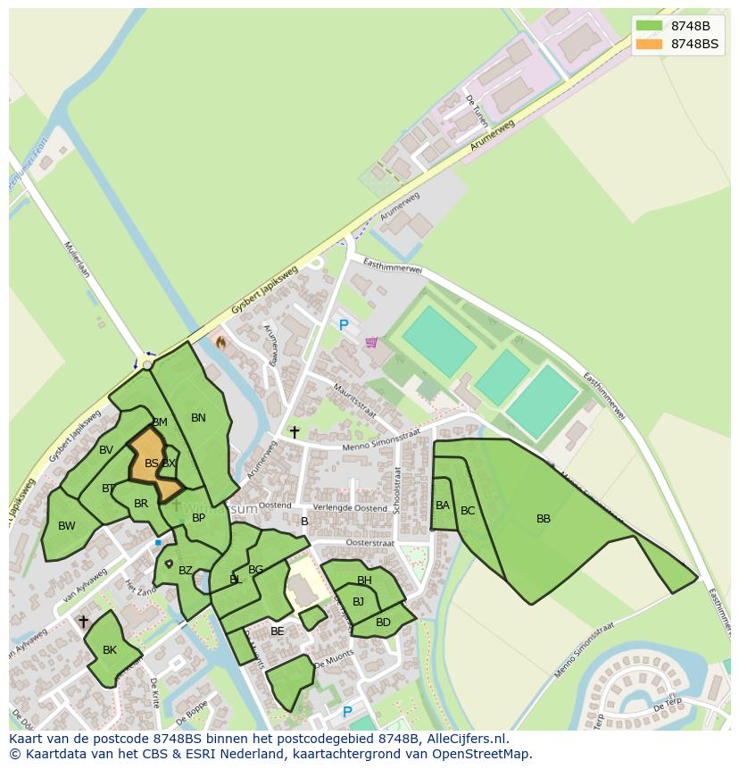 Afbeelding van het postcodegebied 8748 BS op de kaart.