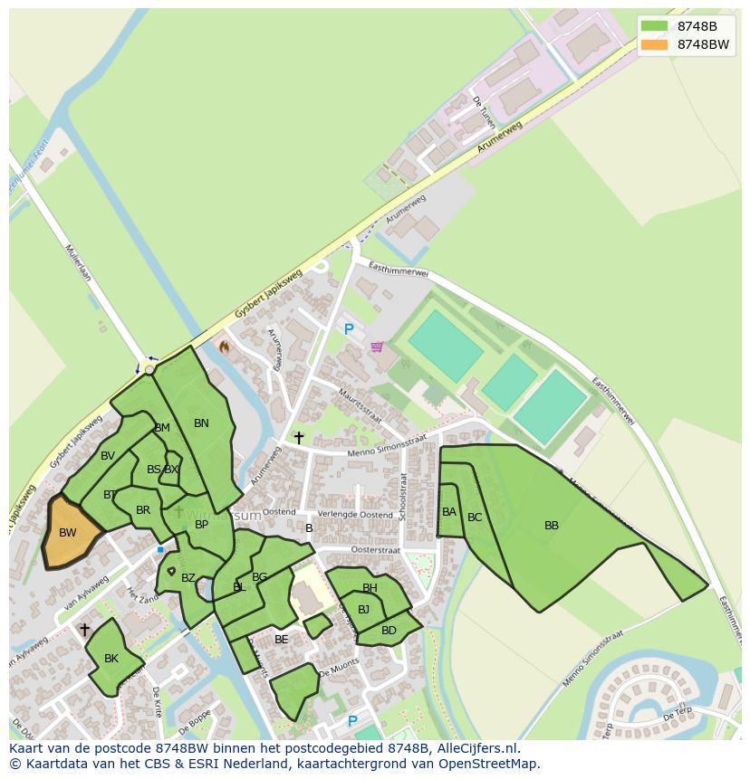 Afbeelding van het postcodegebied 8748 BW op de kaart.