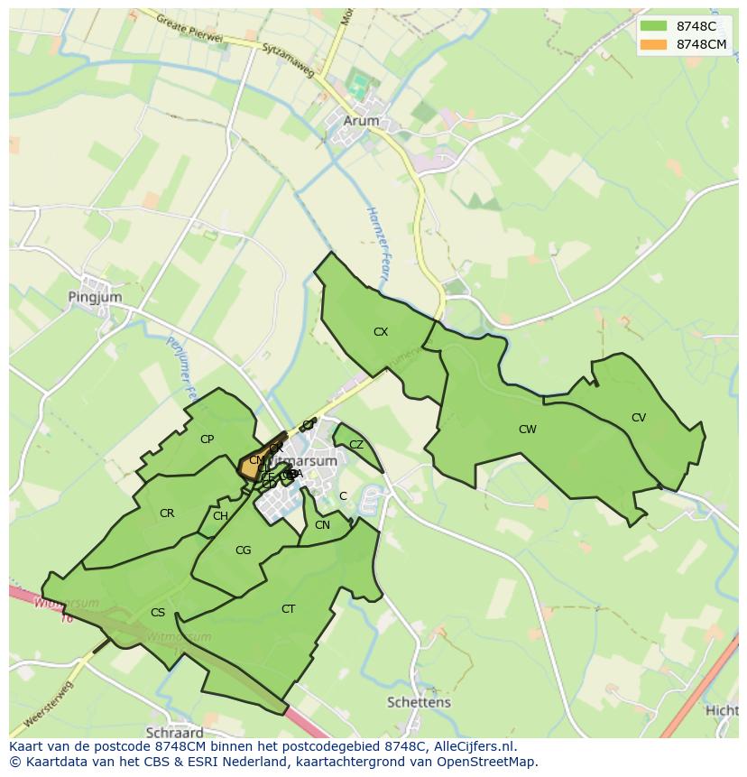 Afbeelding van het postcodegebied 8748 CM op de kaart.