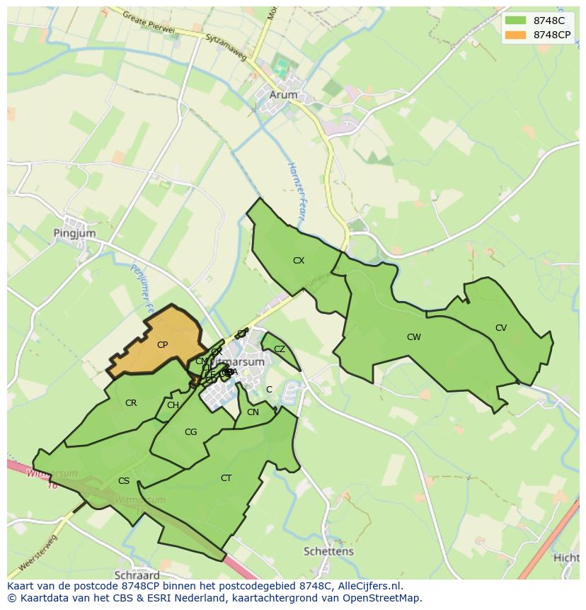 Afbeelding van het postcodegebied 8748 CP op de kaart.