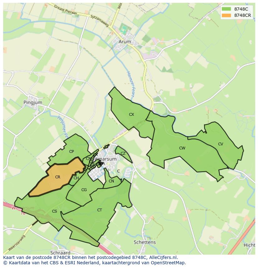 Afbeelding van het postcodegebied 8748 CR op de kaart.