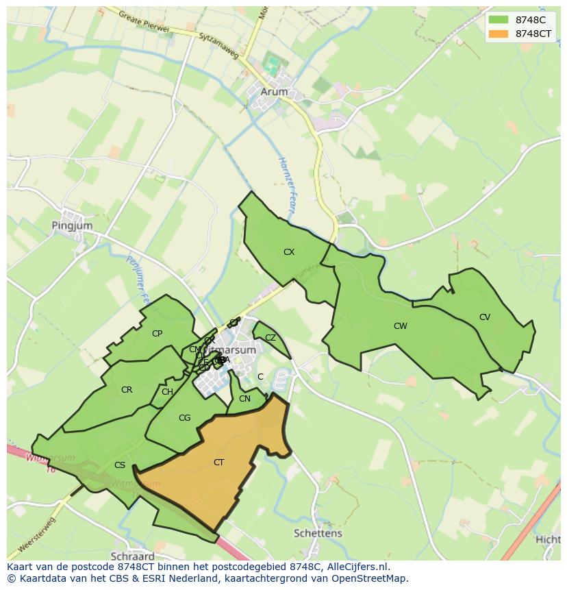 Afbeelding van het postcodegebied 8748 CT op de kaart.