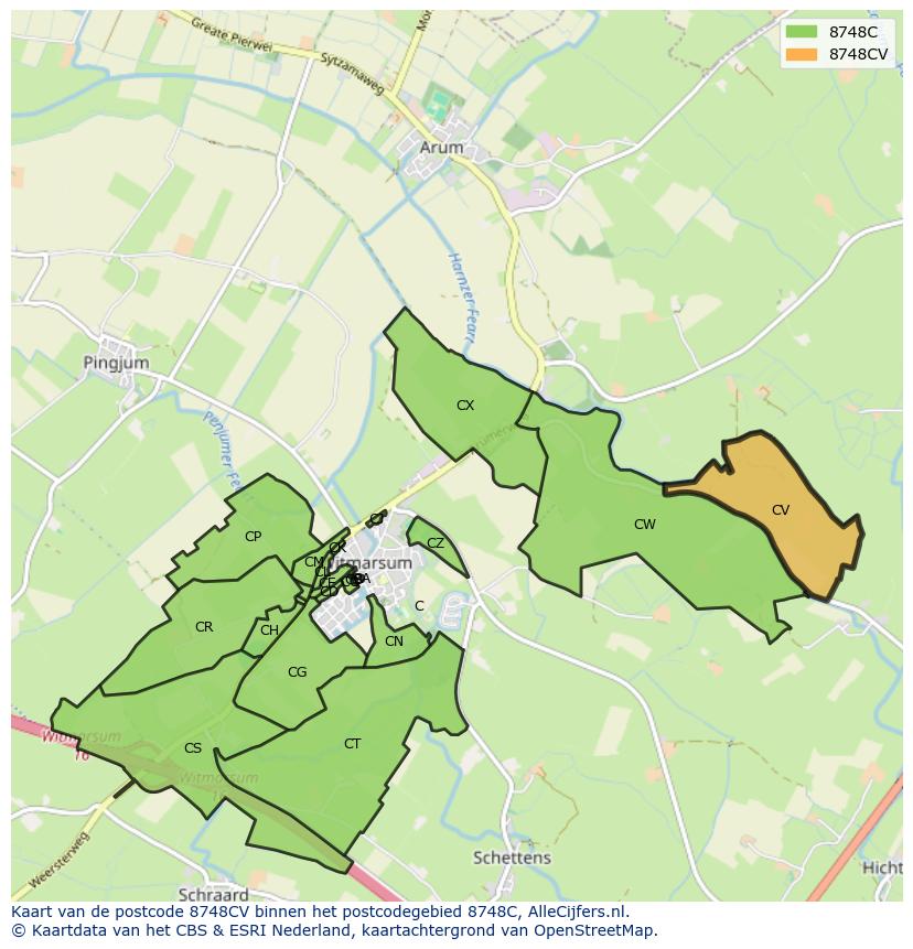 Afbeelding van het postcodegebied 8748 CV op de kaart.