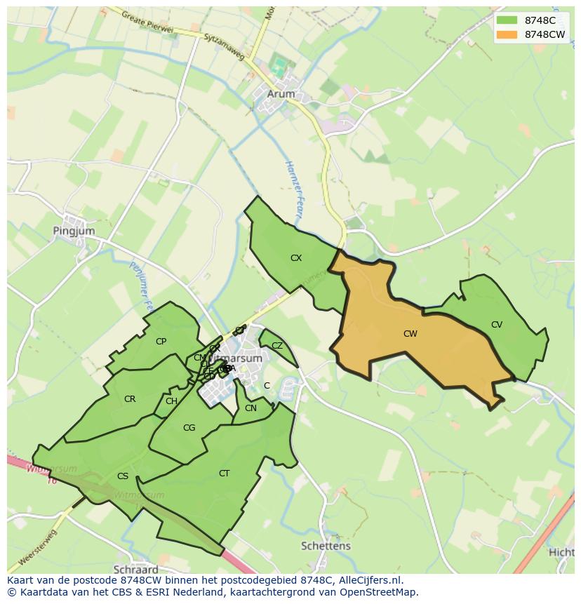 Afbeelding van het postcodegebied 8748 CW op de kaart.