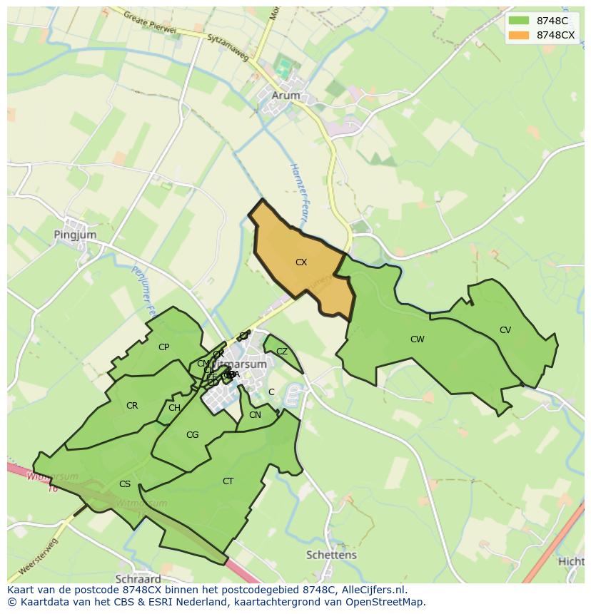 Afbeelding van het postcodegebied 8748 CX op de kaart.