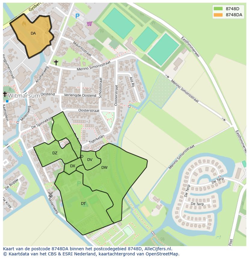 Afbeelding van het postcodegebied 8748 DA op de kaart.