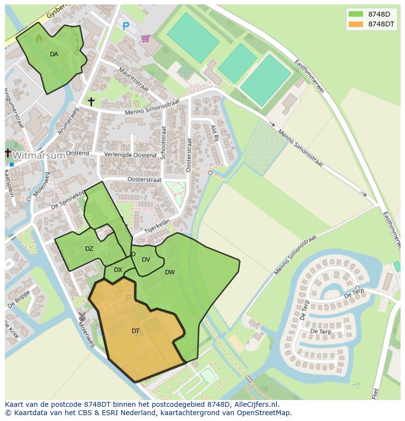 Afbeelding van het postcodegebied 8748 DT op de kaart.