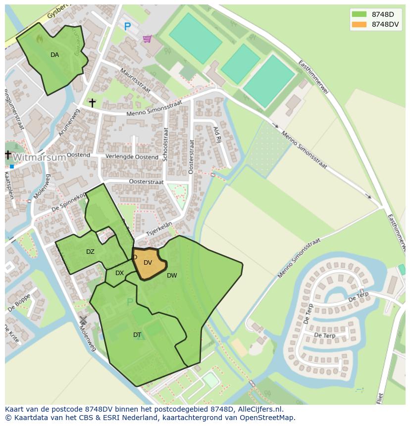 Afbeelding van het postcodegebied 8748 DV op de kaart.