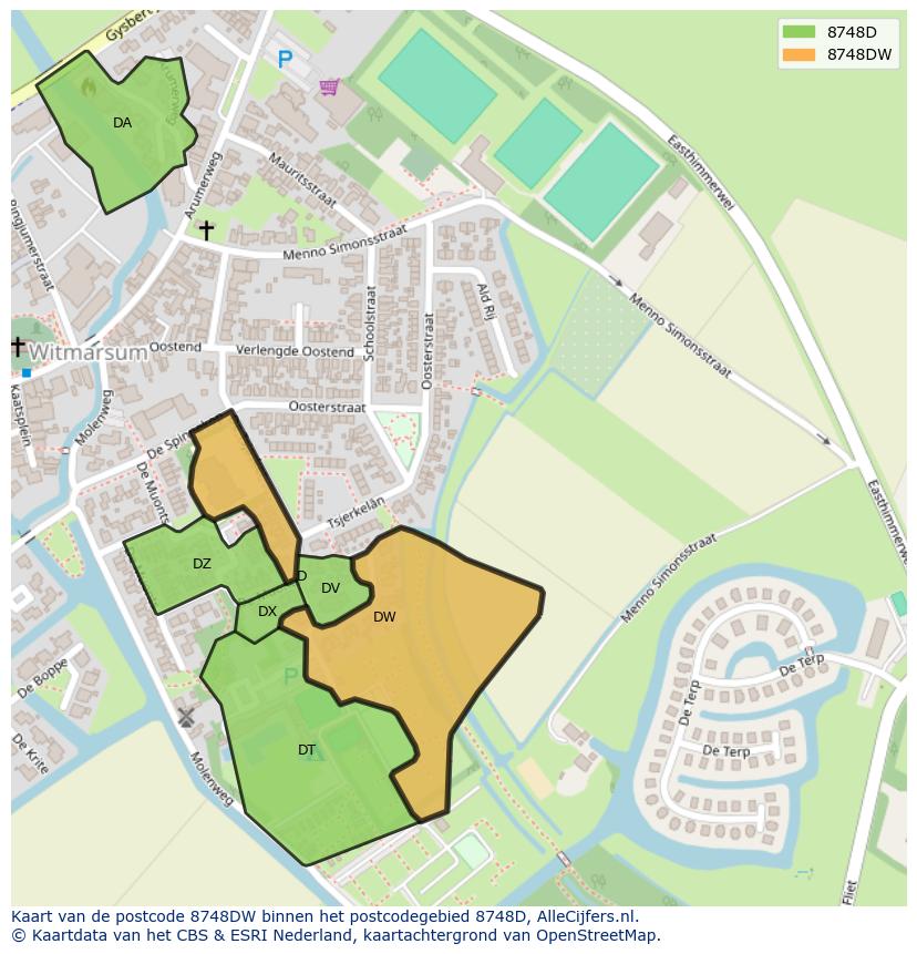 Afbeelding van het postcodegebied 8748 DW op de kaart.