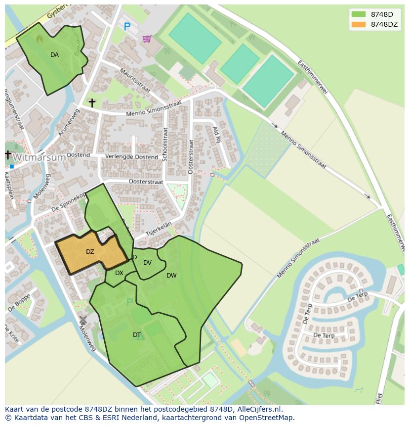 Afbeelding van het postcodegebied 8748 DZ op de kaart.