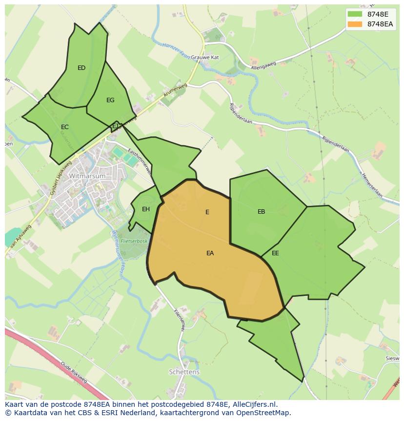 Afbeelding van het postcodegebied 8748 EA op de kaart.