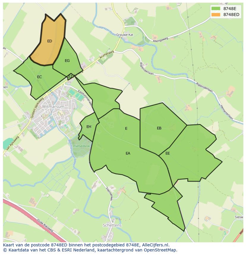 Afbeelding van het postcodegebied 8748 ED op de kaart.