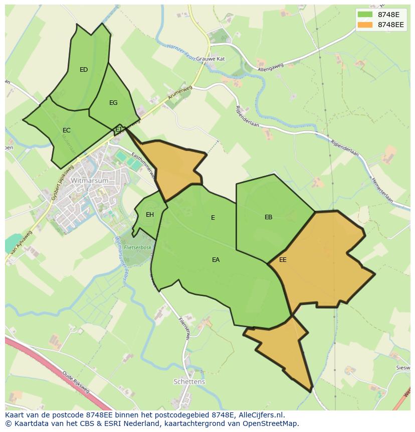 Afbeelding van het postcodegebied 8748 EE op de kaart.
