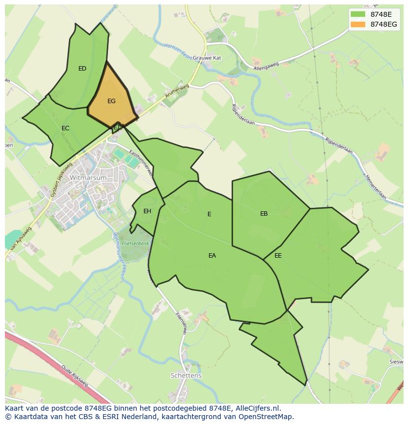 Afbeelding van het postcodegebied 8748 EG op de kaart.