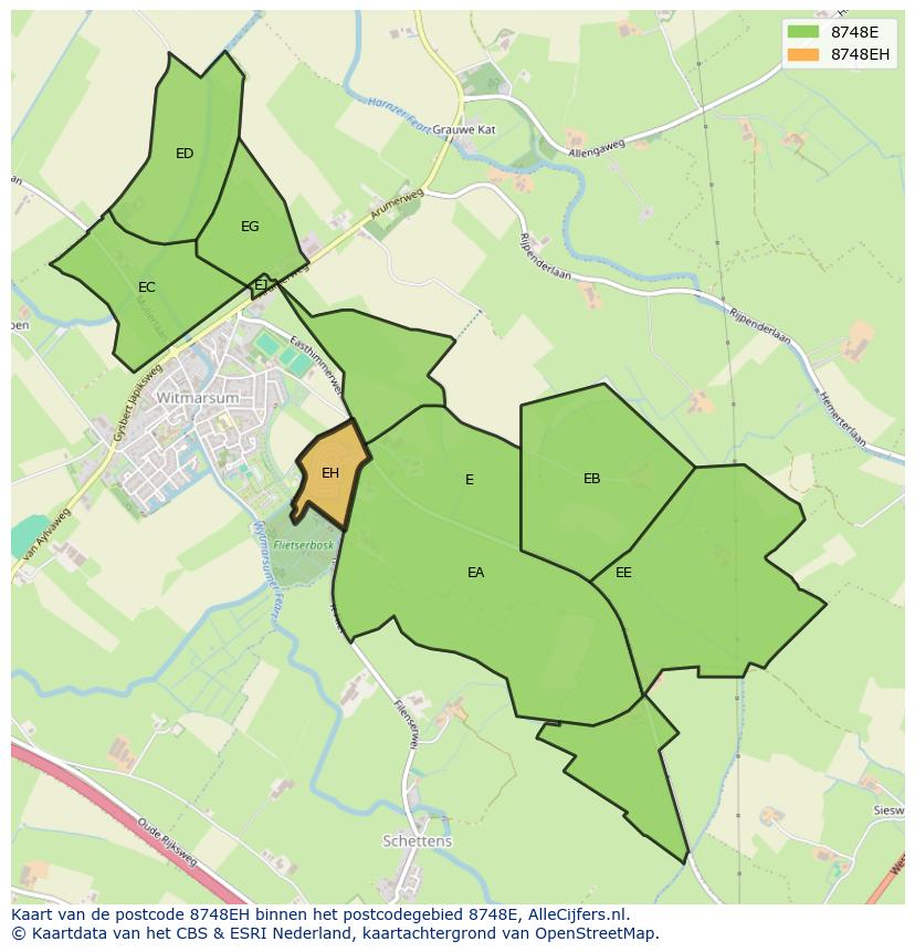 Afbeelding van het postcodegebied 8748 EH op de kaart.