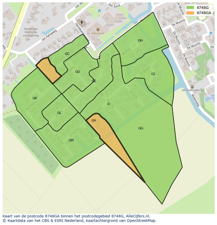 Afbeelding van het postcodegebied 8748 GA op de kaart.