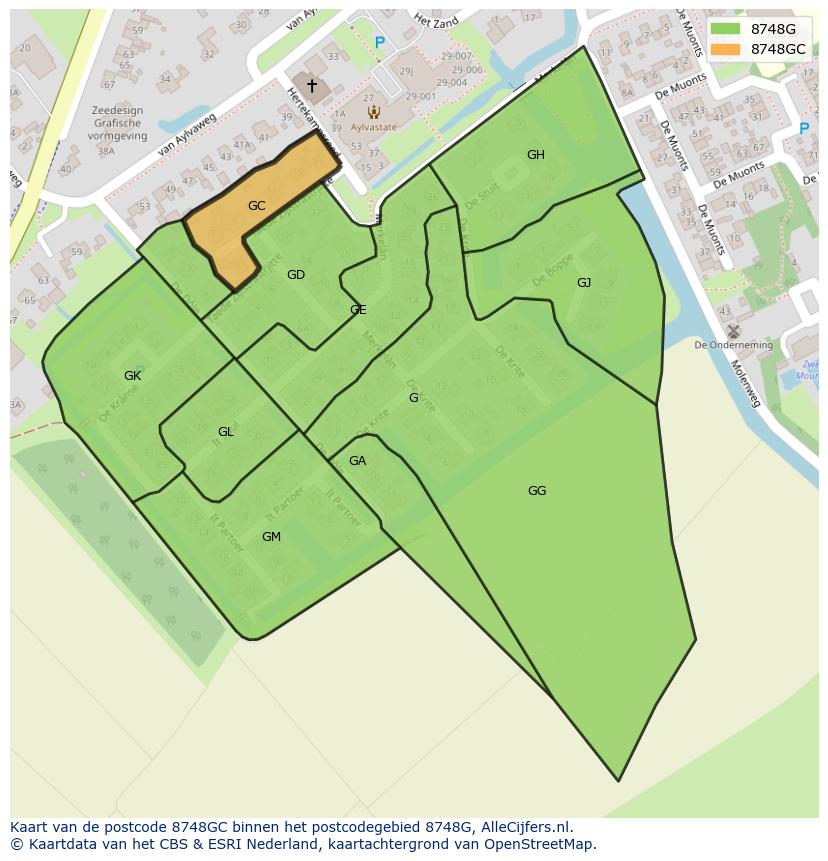 Afbeelding van het postcodegebied 8748 GC op de kaart.