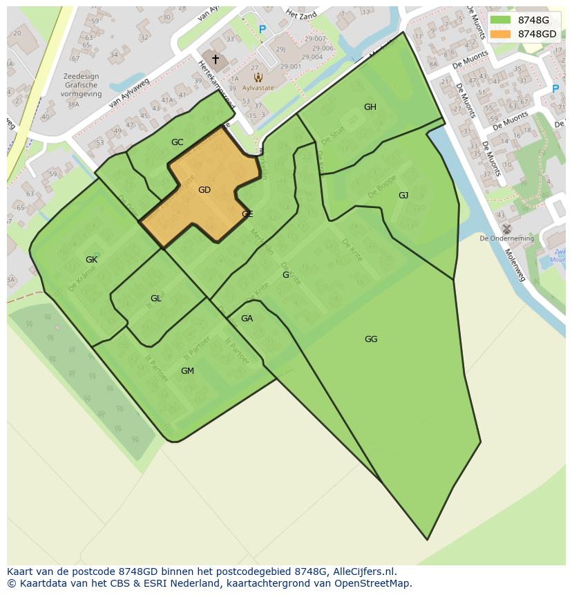 Afbeelding van het postcodegebied 8748 GD op de kaart.