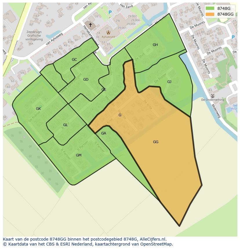 Afbeelding van het postcodegebied 8748 GG op de kaart.