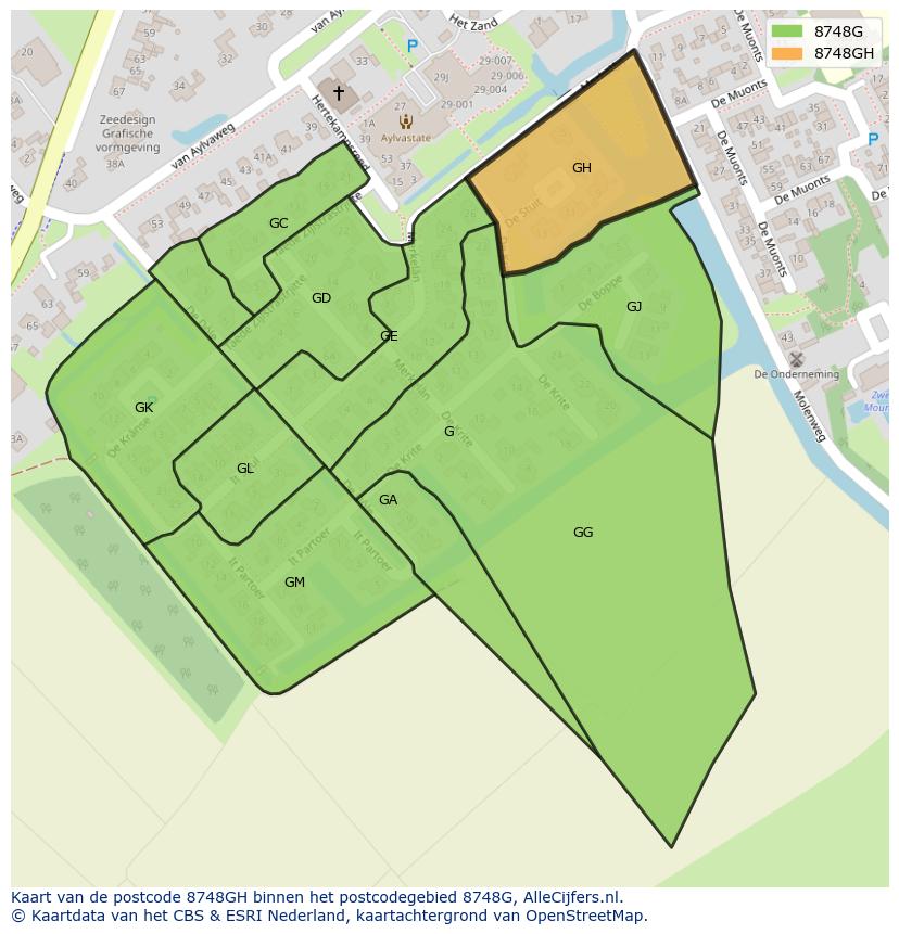 Afbeelding van het postcodegebied 8748 GH op de kaart.